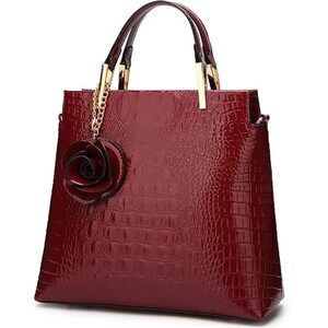 5634 Shiny Patent Leather Handbag Crocodile Pattern Shoulder Bag Flower